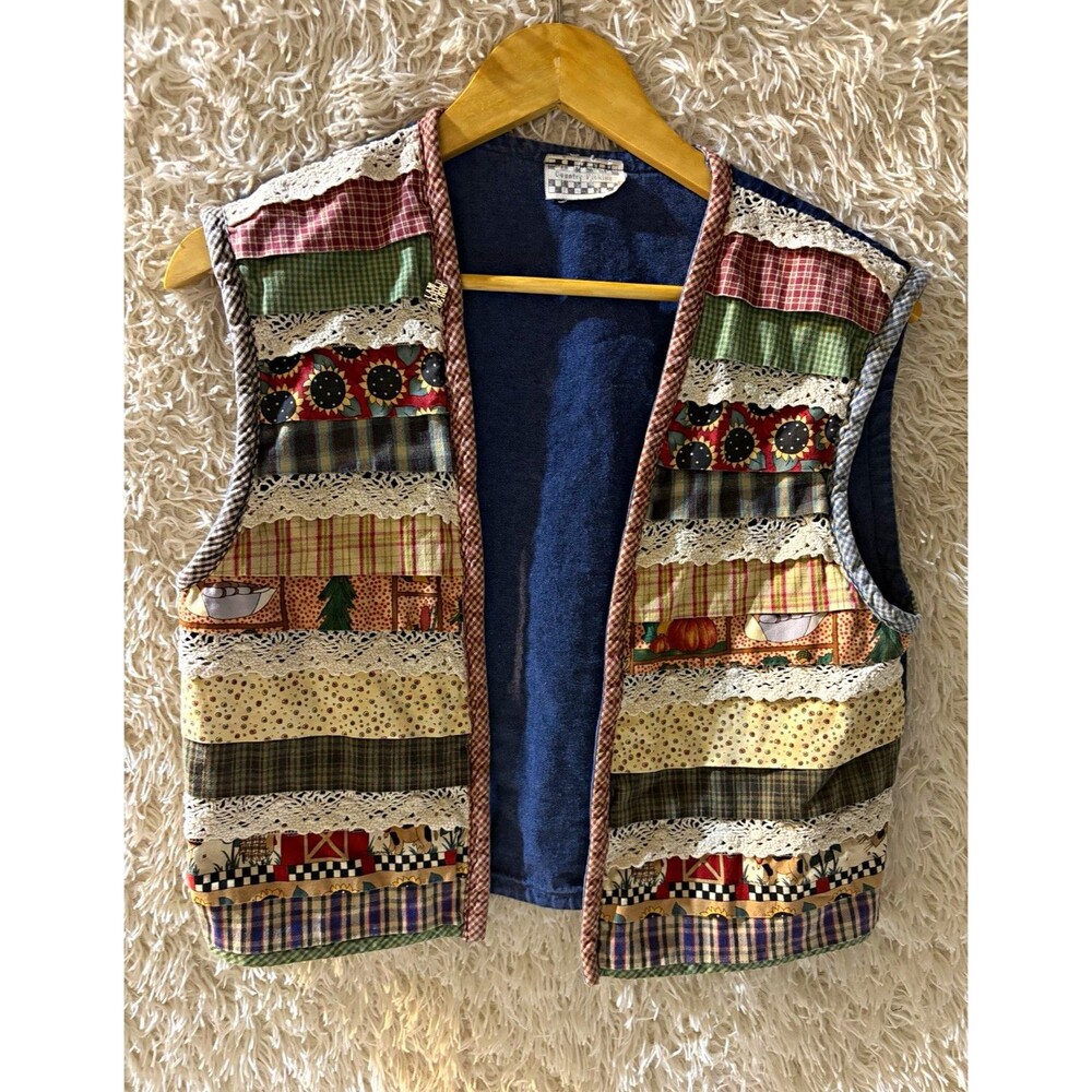 Vtg Country Pickins Quilted Patchwork Vest Ruffle Lace Cottagecore Grandmacore